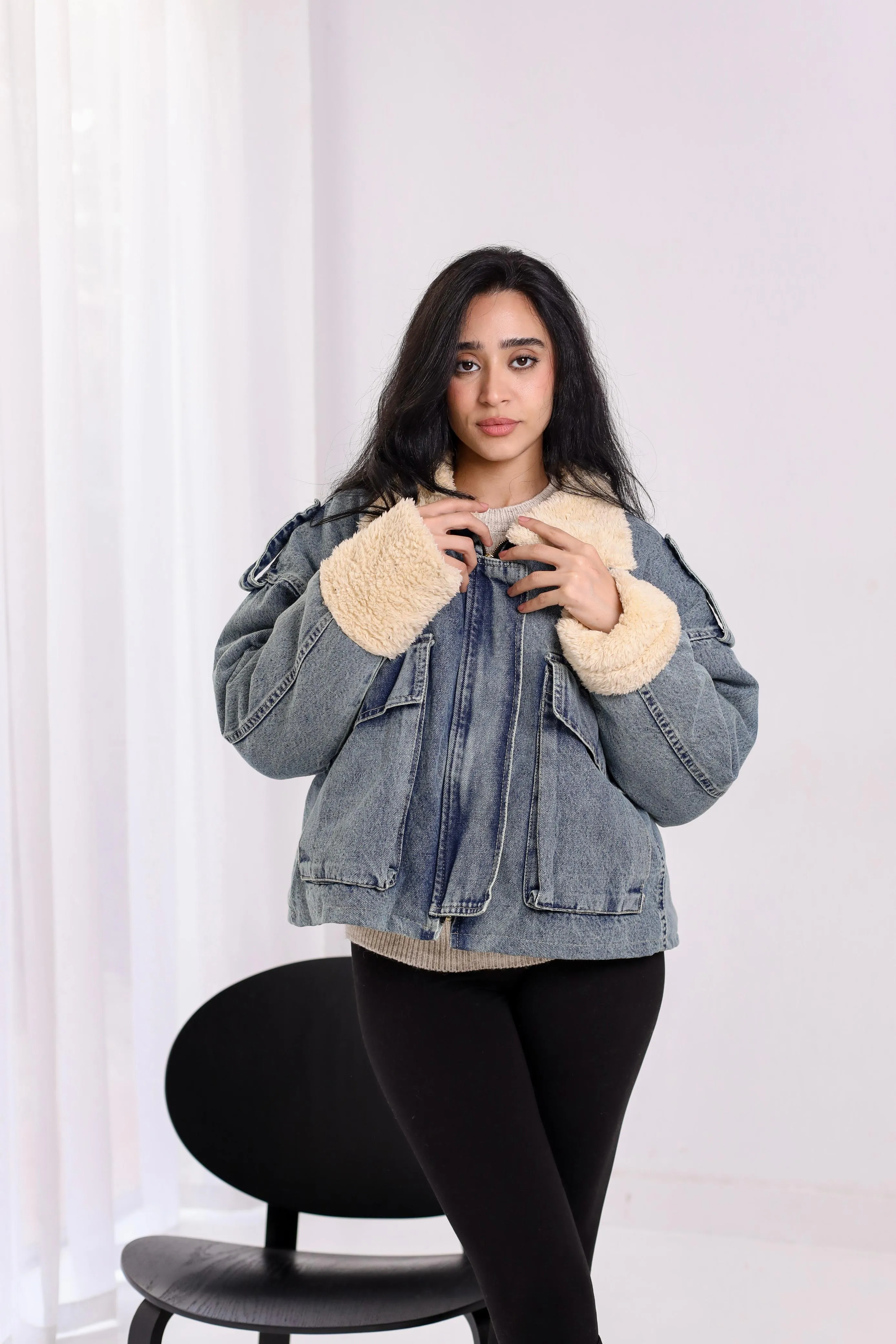 Oversized denim fur jacket - dirty blue