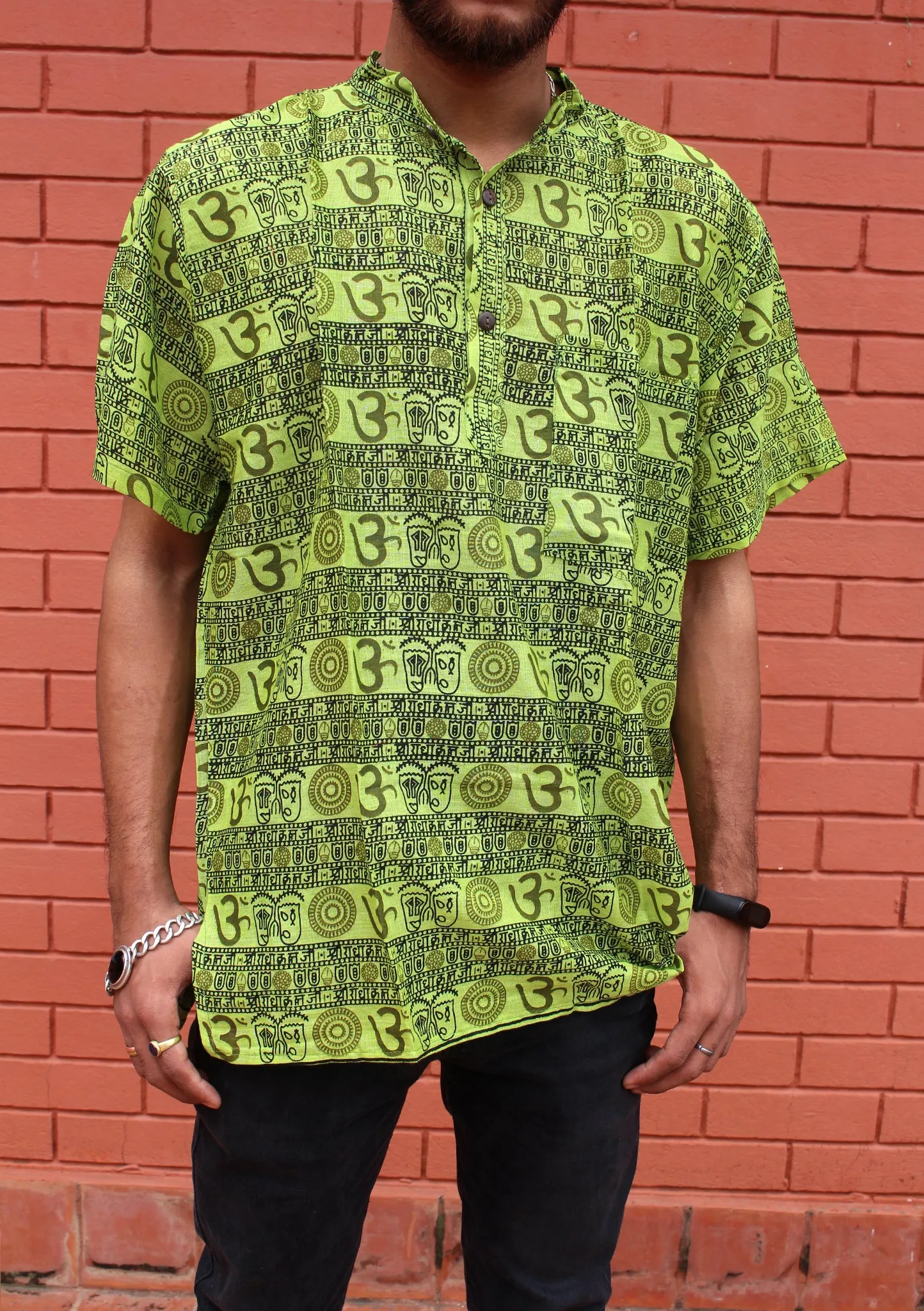 Parrot Green Cotton Om Prayer Shirt/ Yoga Shirt with religious symbols