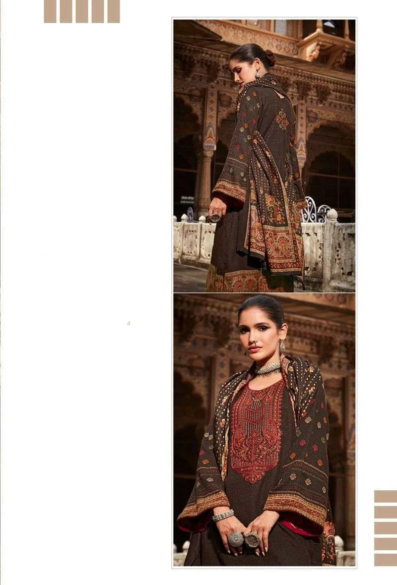 Pashmina Unstitched Dark Brown Winter Suits With Embroidery