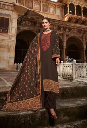 Pashmina Unstitched Dark Brown Winter Suits With Embroidery