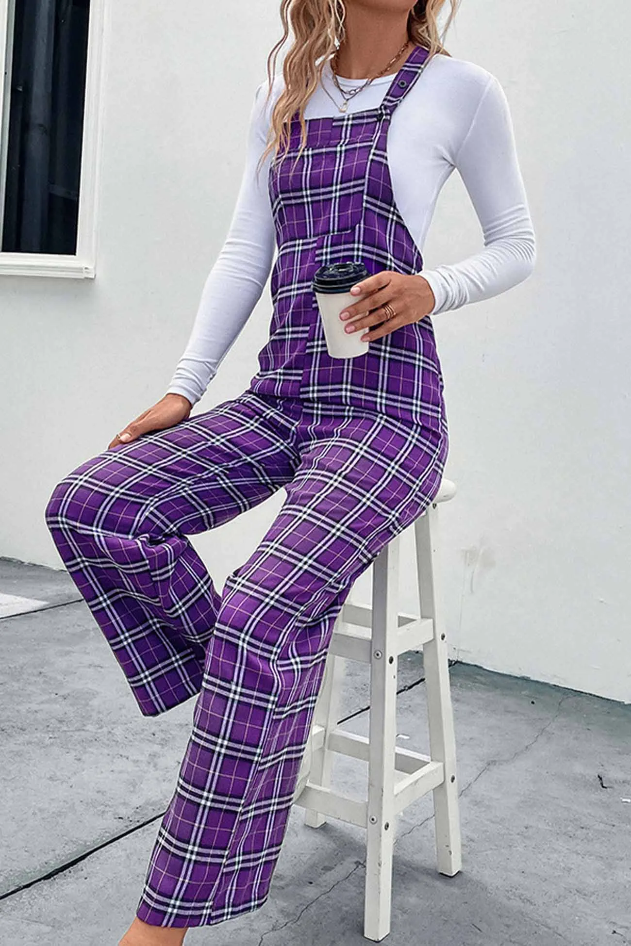 Plaid Sleeveless Long Pants Jumpsuit