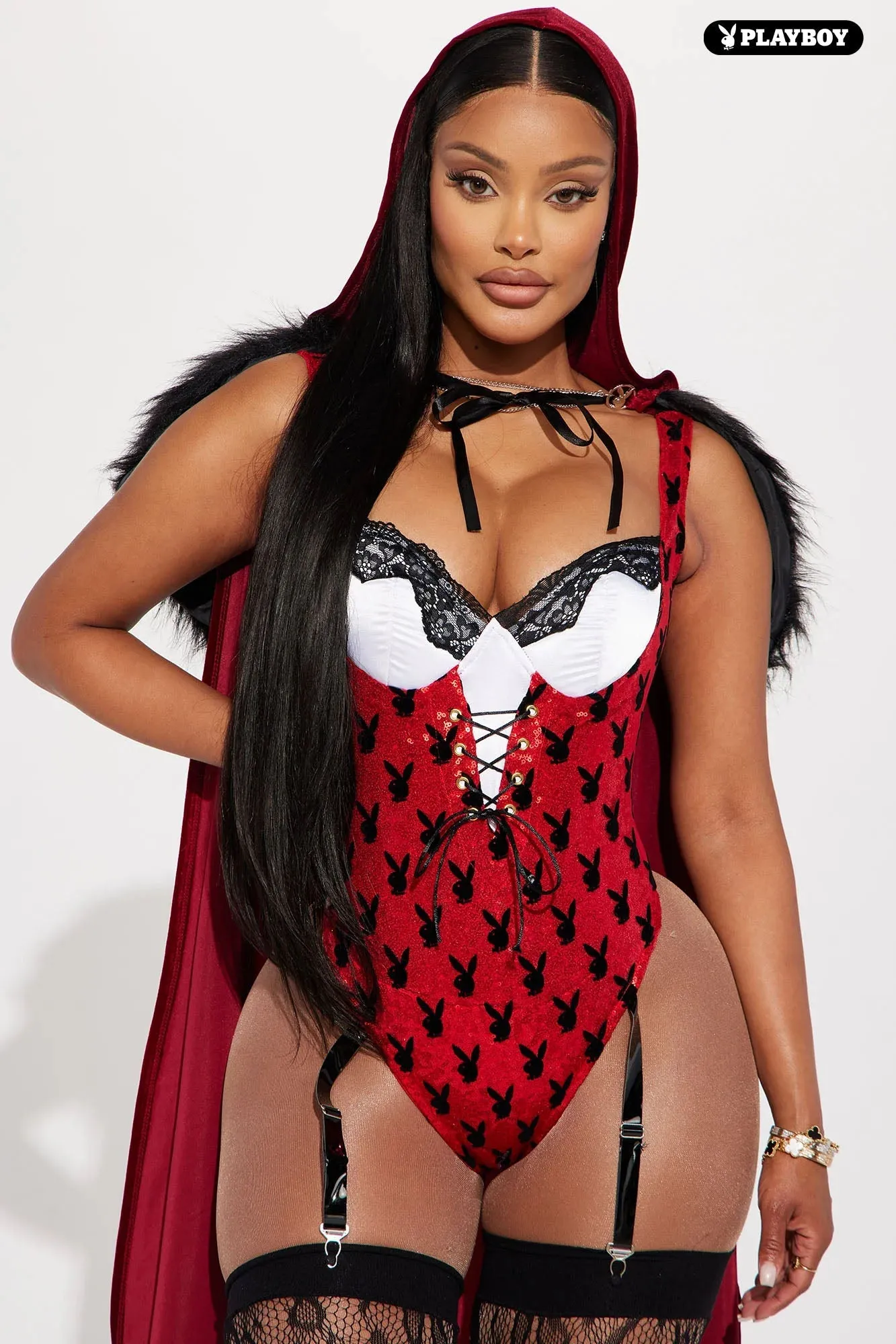 Playboy Red Hood Bunny 2 Piece Costume Set - Red/Black