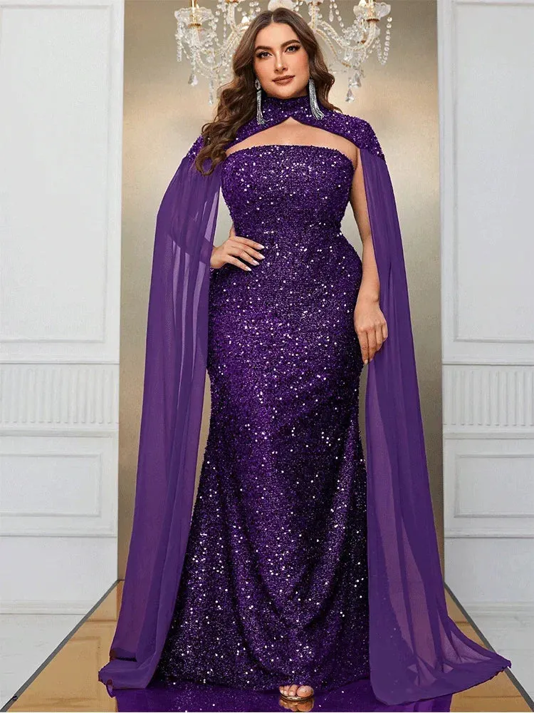 Plus Size Purple Strapless Sequin Long Evening Gown