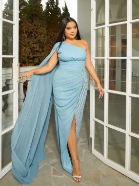 Plus Size Tulle Panel Split Sequin Blue Prom Dress PRX70035