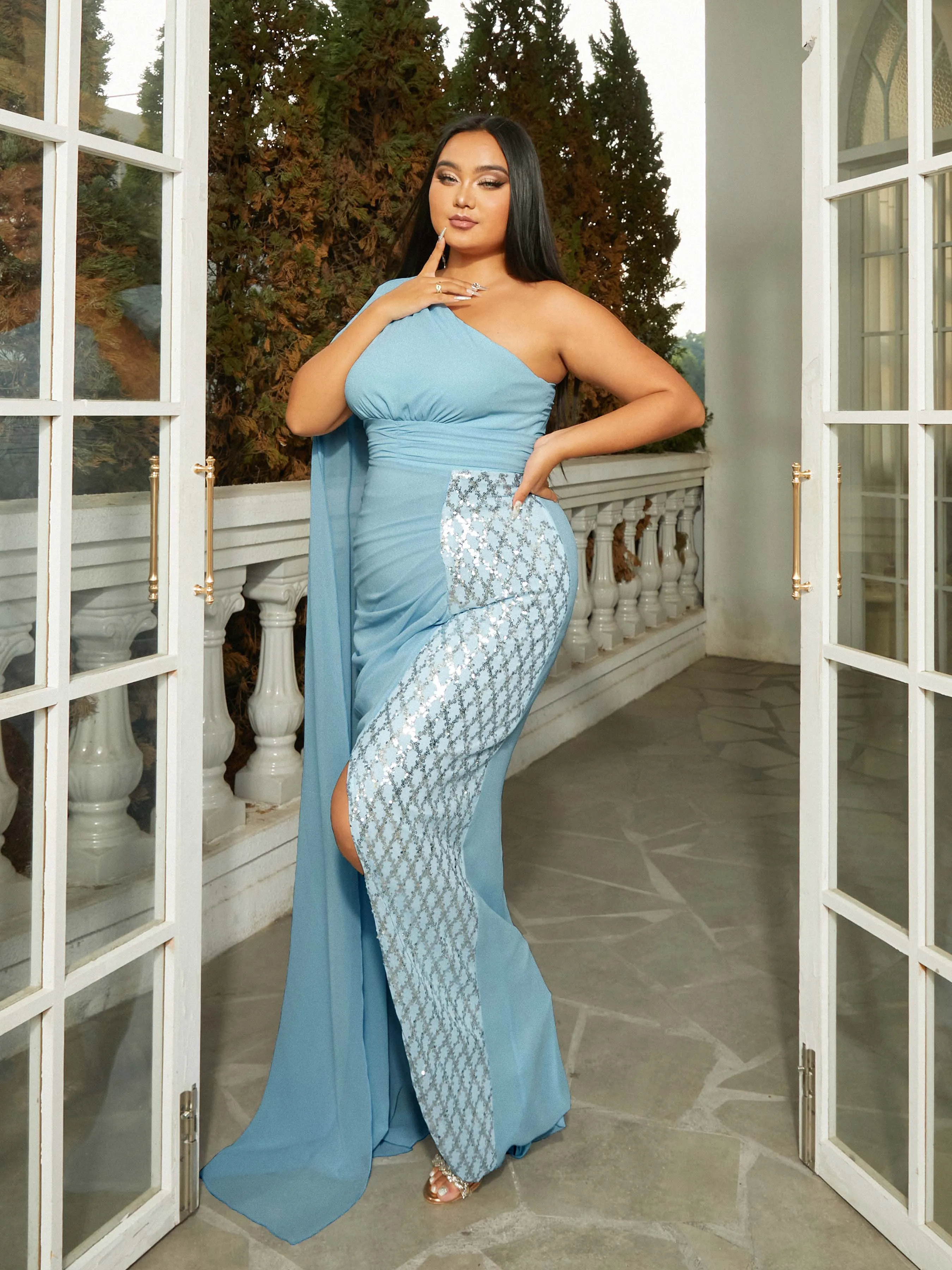 Plus Size Tulle Panel Split Sequin Blue Prom Dress PRX70035