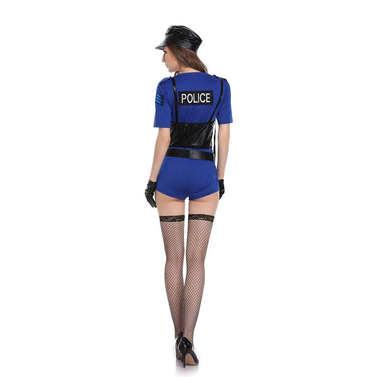 Policewoman Cosplay Costumes Halloween Police Officer Jumpsuit Uniform with Hat