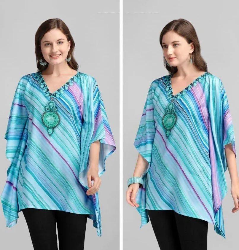 Printed Rayon Blue Kaftan Tunic tops for Ladies