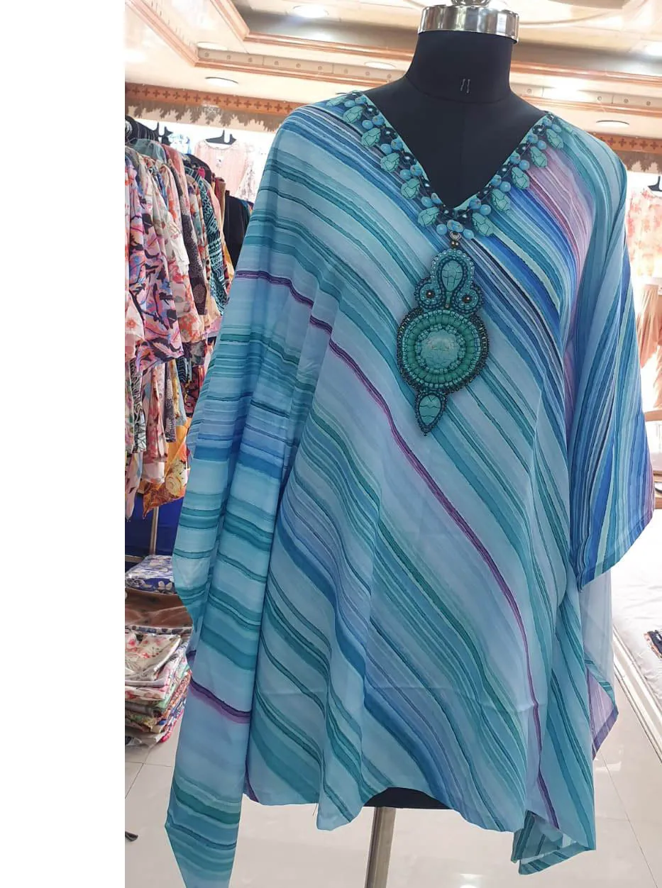 Printed Rayon Blue Kaftan Tunic tops for Ladies