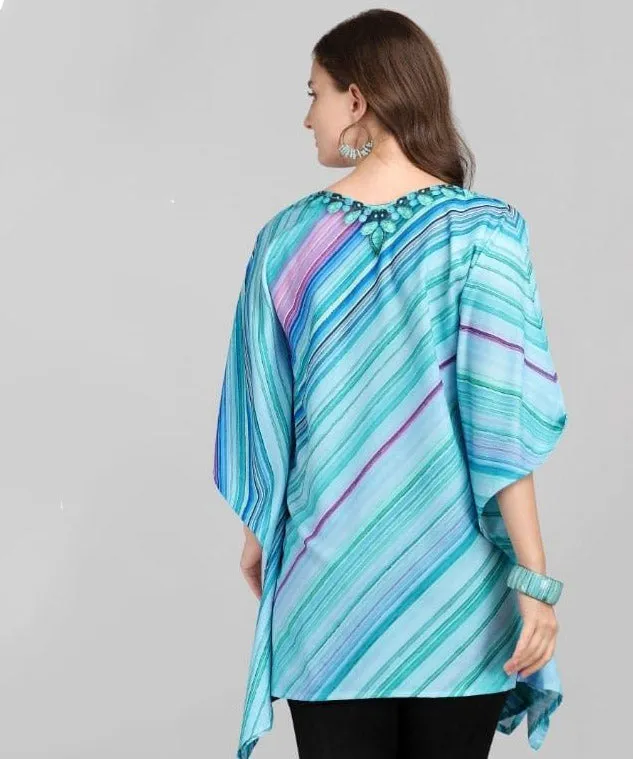 Printed Rayon Blue Kaftan Tunic tops for Ladies