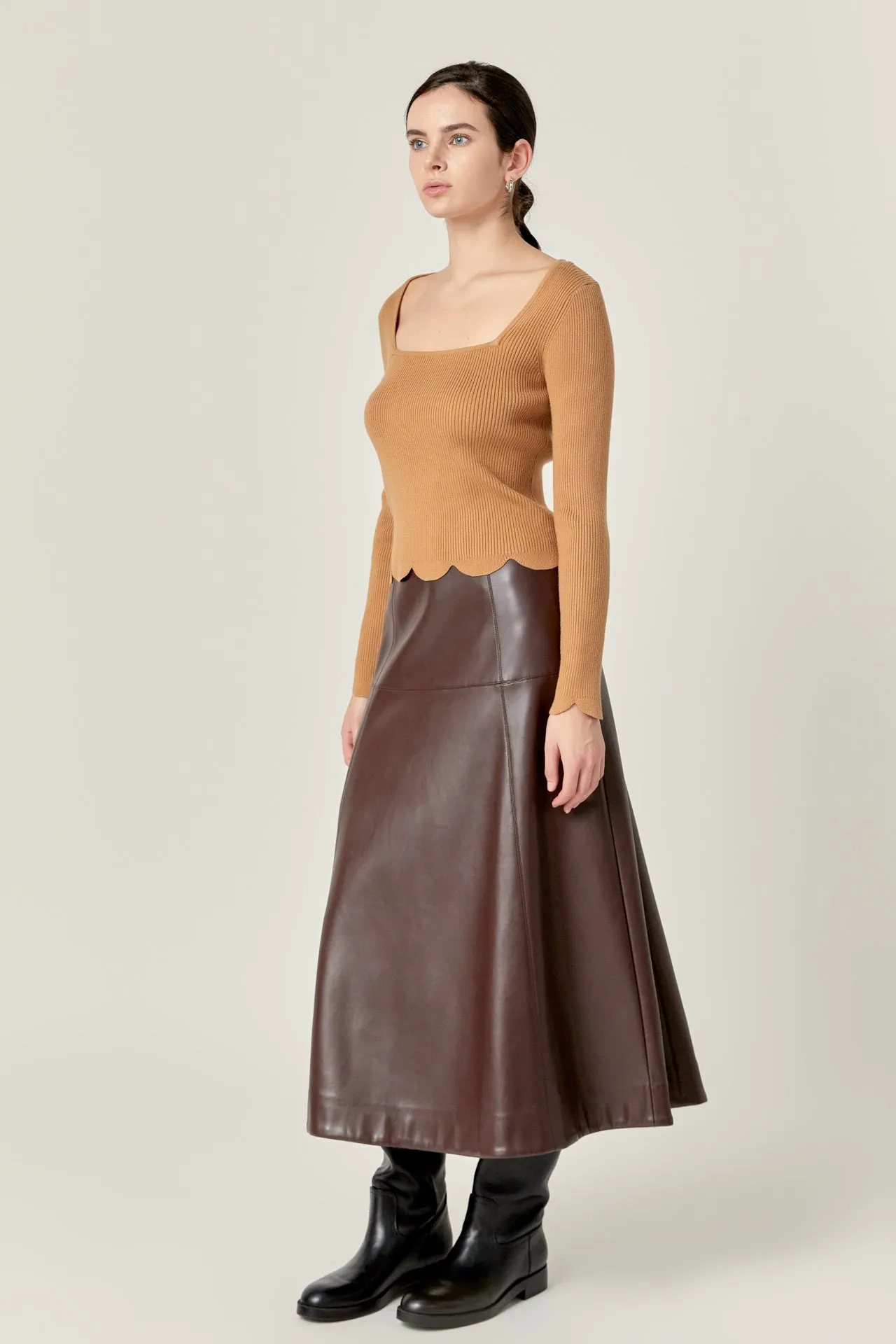 PU High Waisted Midi Skirt