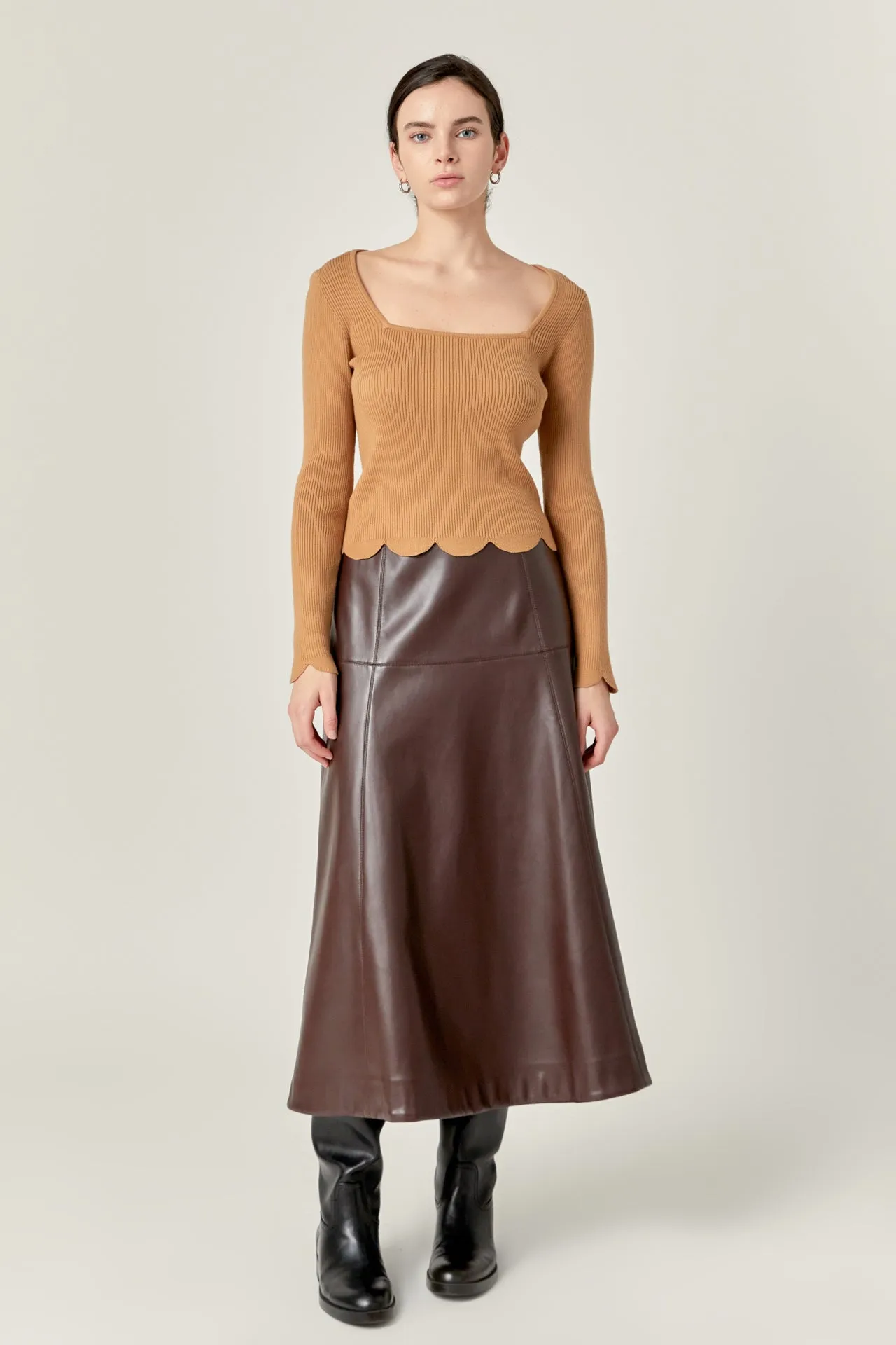 PU High Waisted Midi Skirt