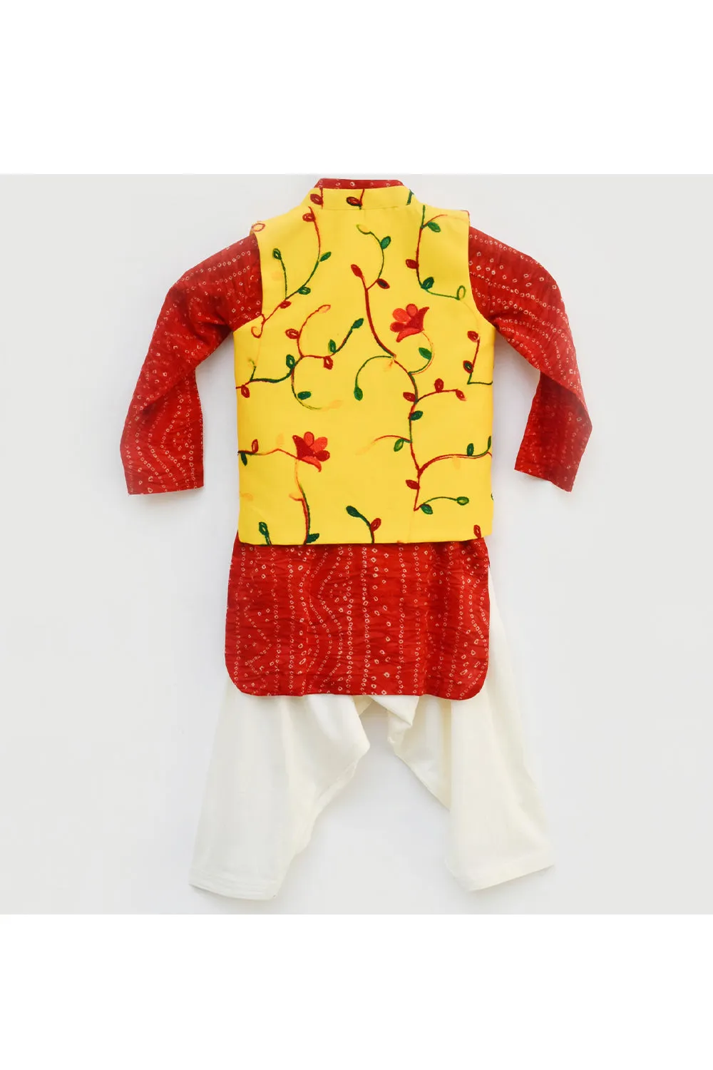 Red Bandhej Printed Kurta With Yellow Embroidered Jacket Set