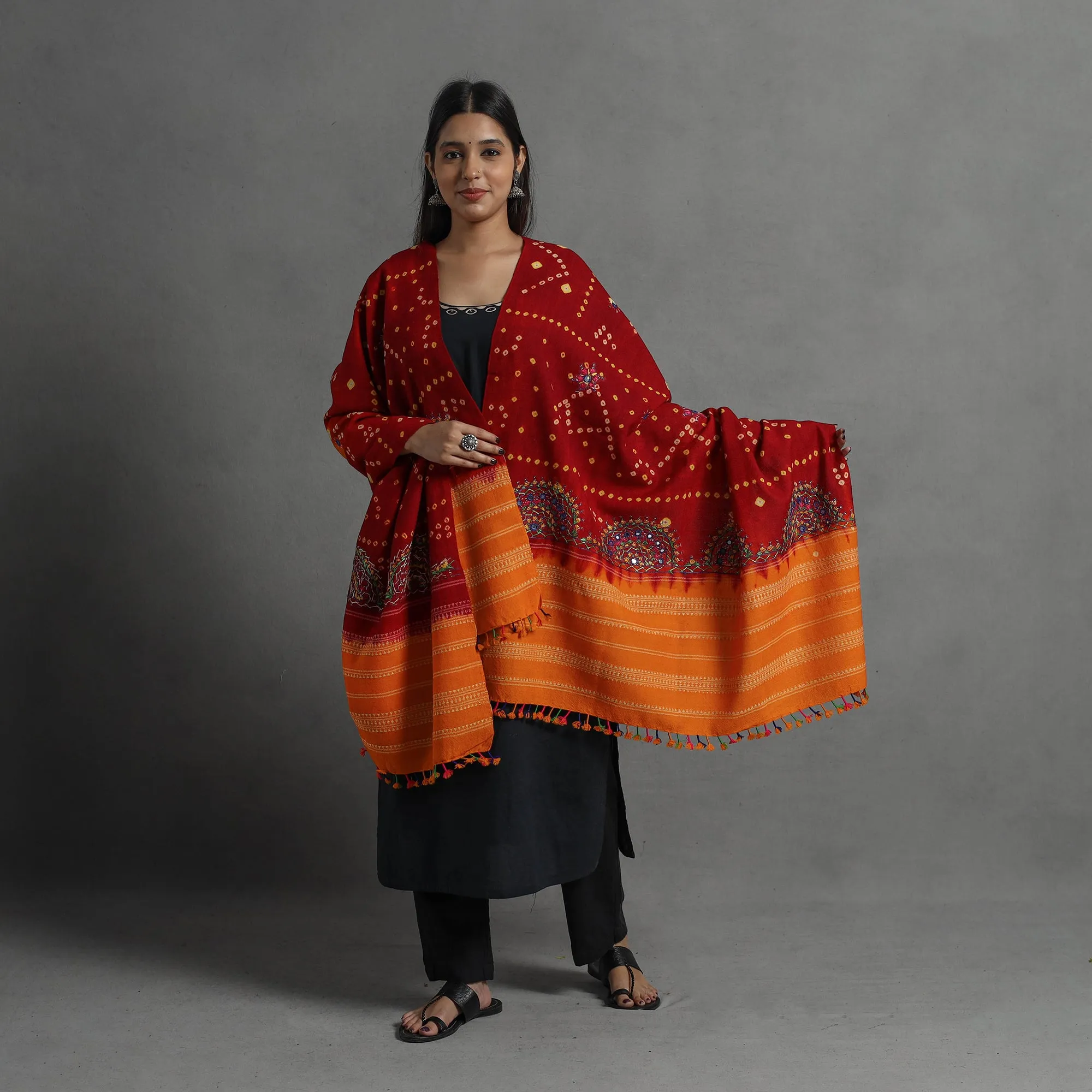 Red - Handwoven Merino Wool Bandhani Shawl w/ Neran Embroidery 41