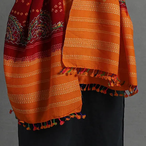 Red - Handwoven Merino Wool Bandhani Shawl w/ Neran Embroidery 41