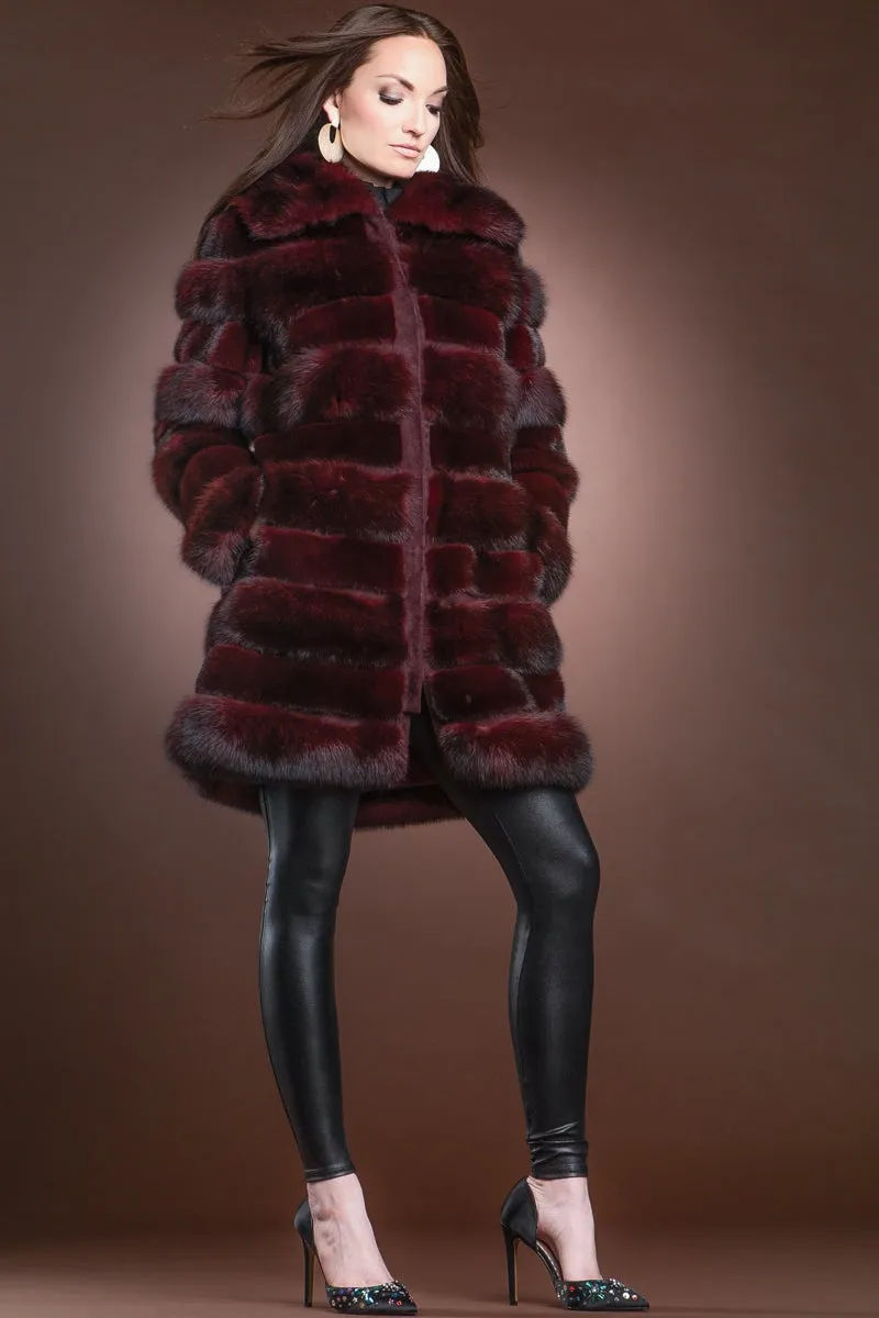 Red Jewel Horizontal Zip-Up Sable and Mink Mid-Length Fur Coat