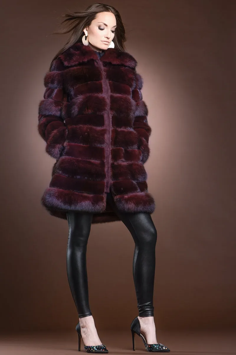 Red Jewel Horizontal Zip-Up Sable and Mink Mid-Length Fur Coat