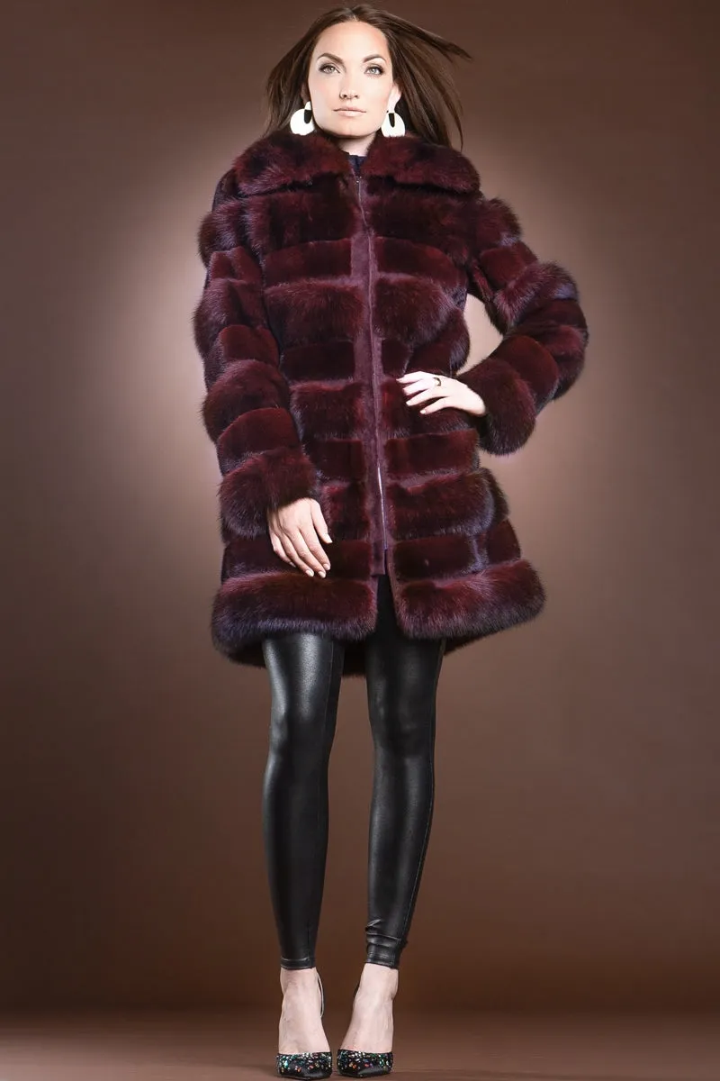 Red Jewel Horizontal Zip-Up Sable and Mink Mid-Length Fur Coat