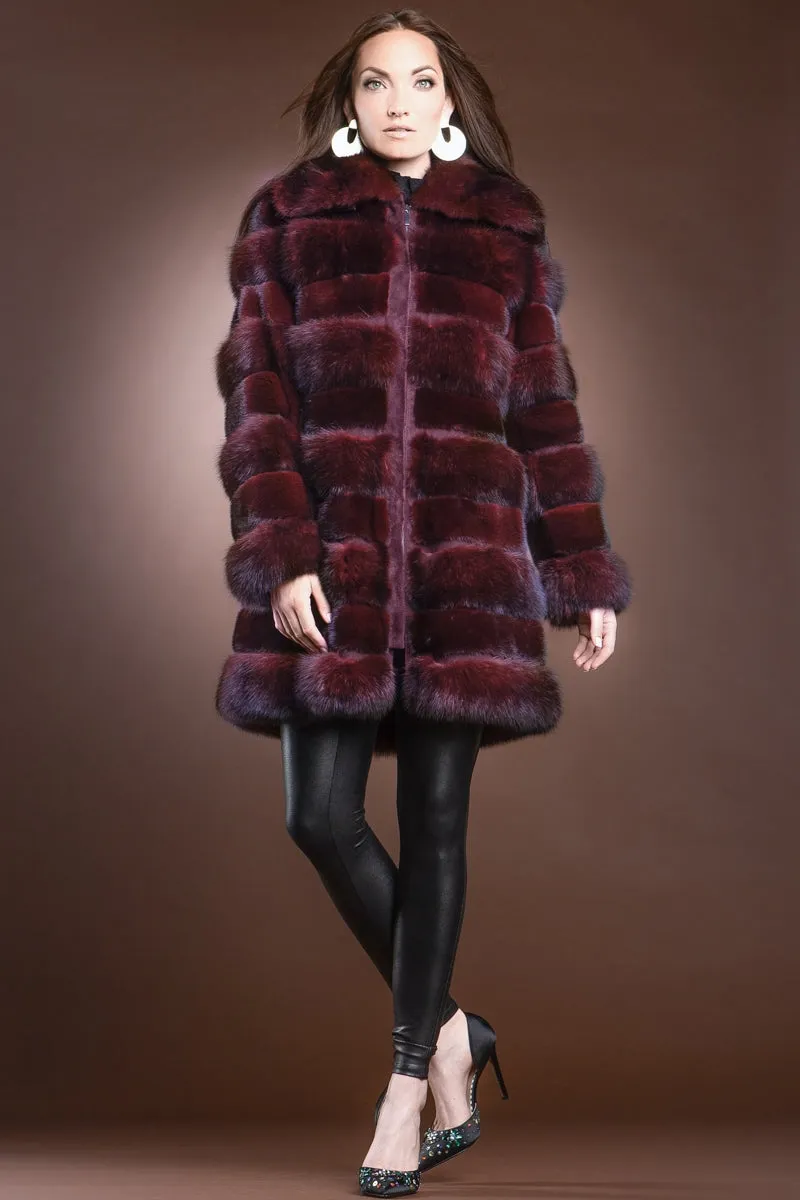 Red Jewel Horizontal Zip-Up Sable and Mink Mid-Length Fur Coat