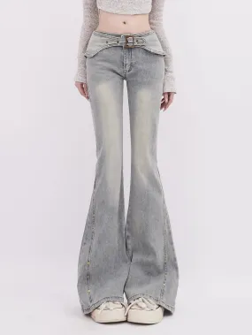 Retro Flared Jeans With Rivet Belt Detail