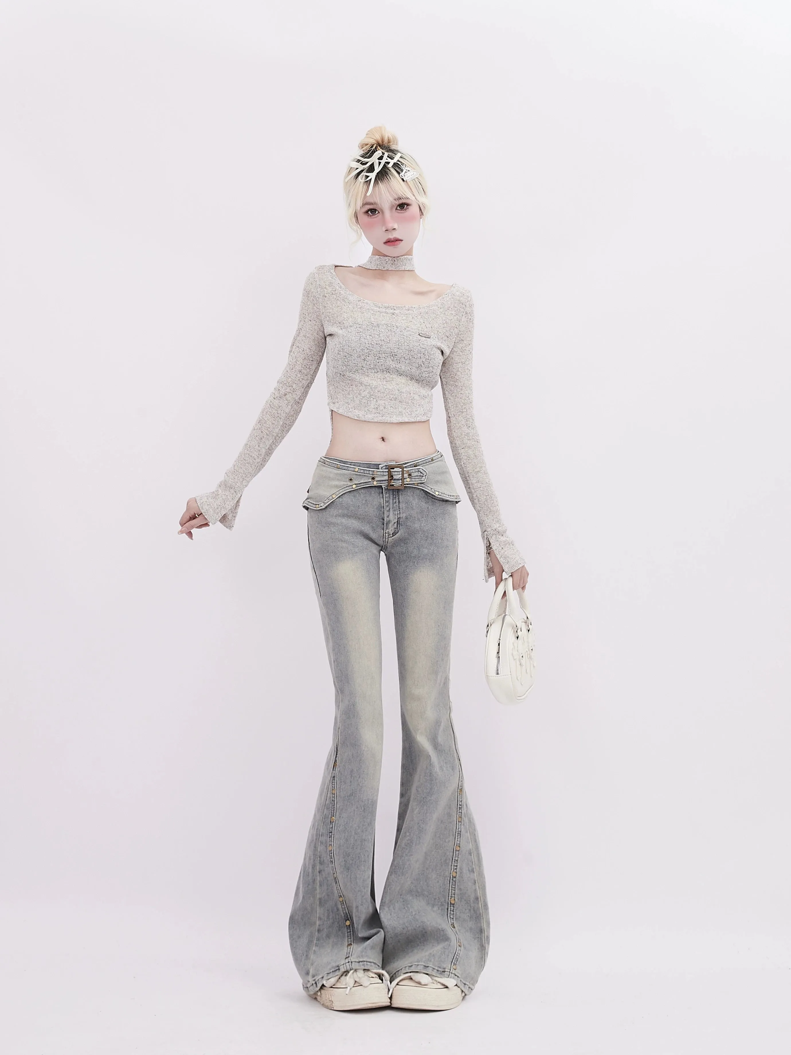 Retro Flared Jeans With Rivet Belt Detail