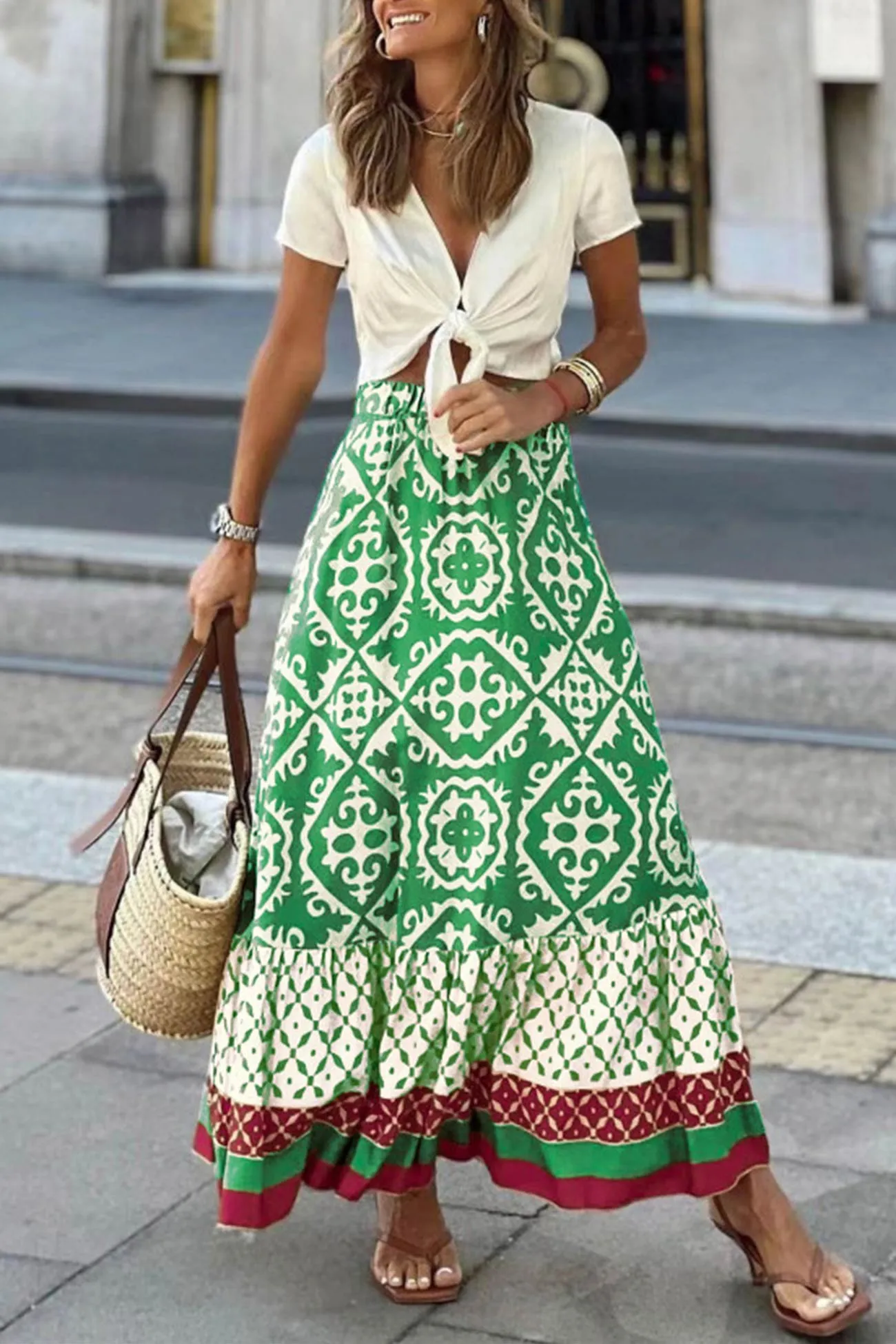 Retro Print Ruched Midi Skirt