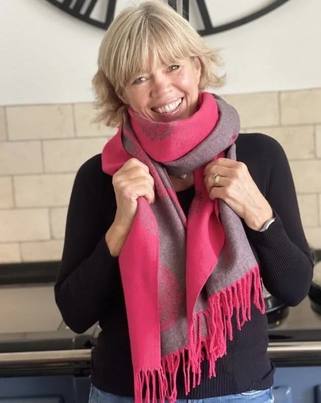 Reversible Large Tree Of Life Scarf - Fuchsia/Grey