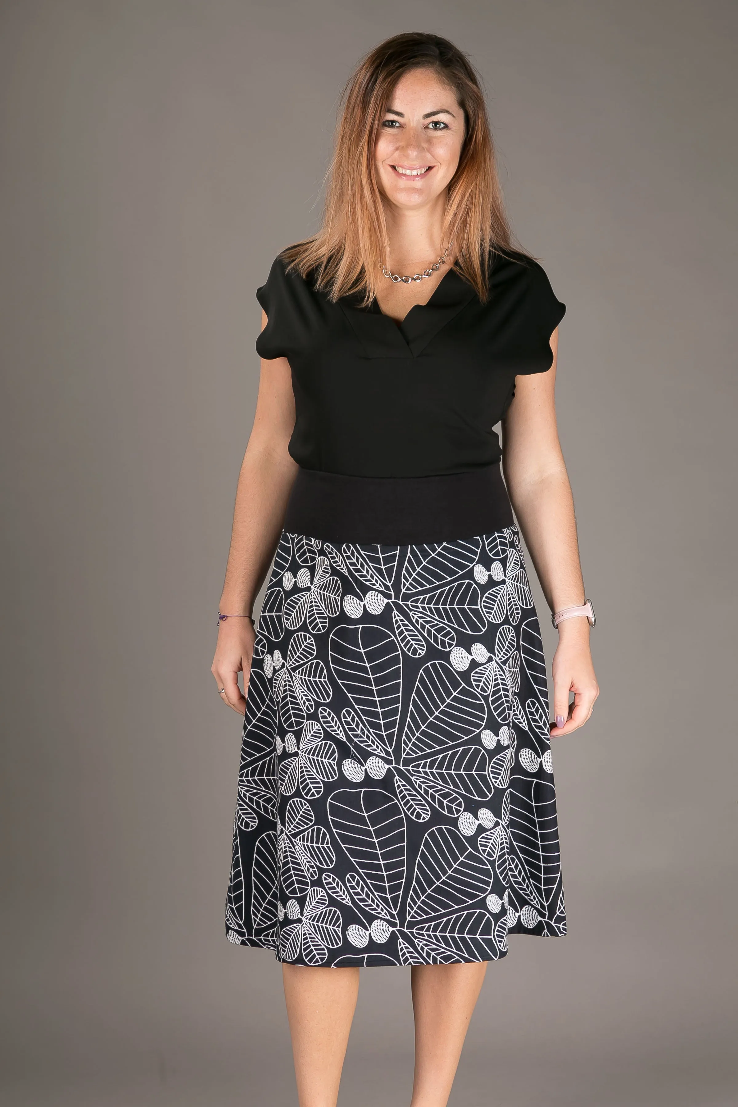 Reversible Midi Skirt Black Floral Polka Print with Pockets