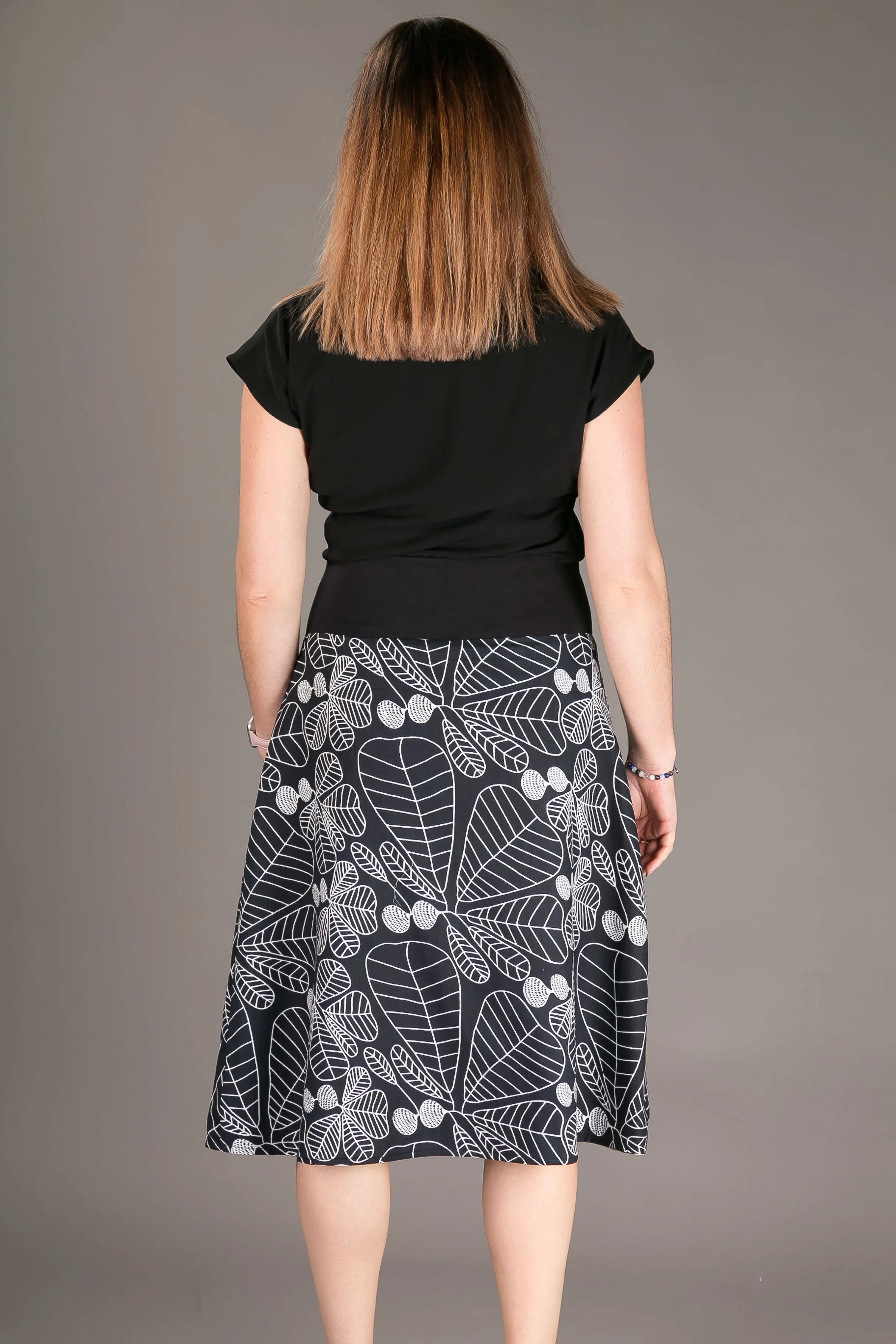 Reversible Midi Skirt Black Floral Polka Print with Pockets