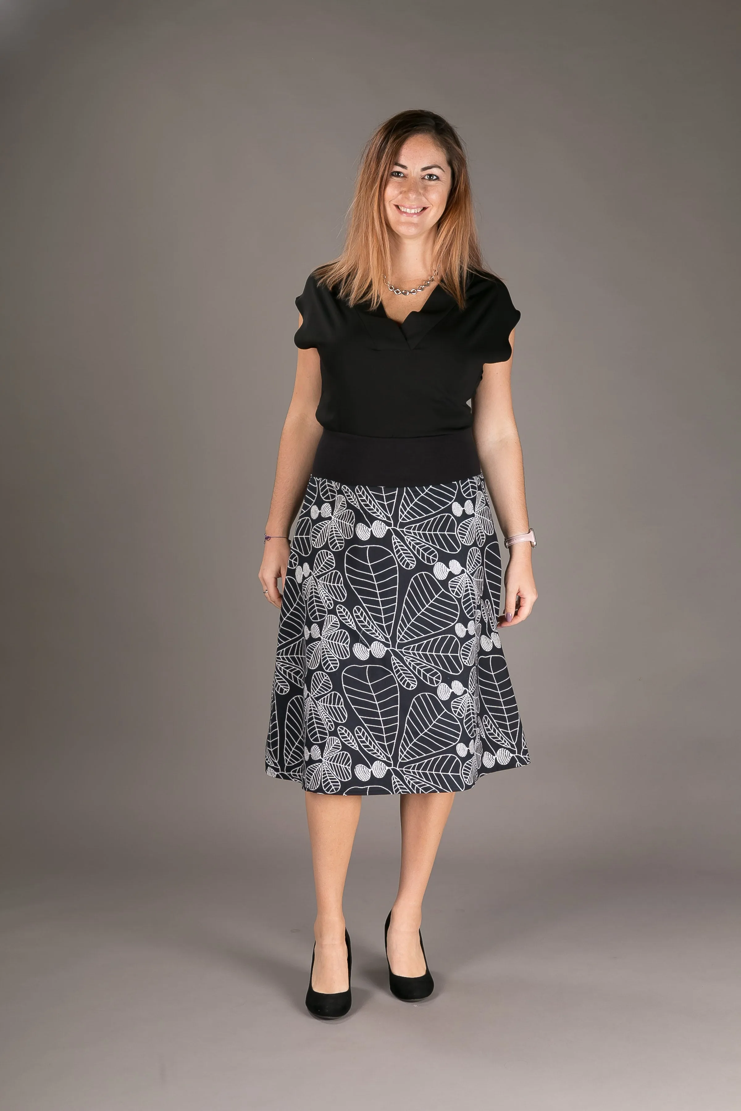 Reversible Midi Skirt Black Floral Polka Print with Pockets