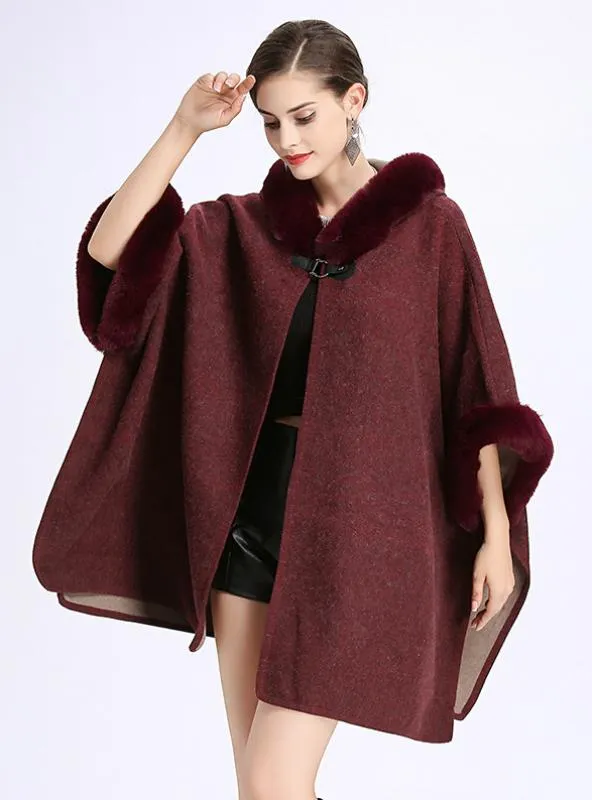 REX RABBIT FUR LIKE HOODED DOUBLE-SIDED SHAWL CAPE