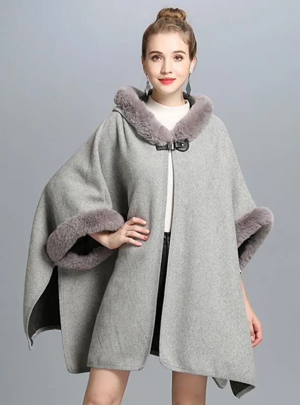 REX RABBIT FUR LIKE HOODED DOUBLE-SIDED SHAWL CAPE