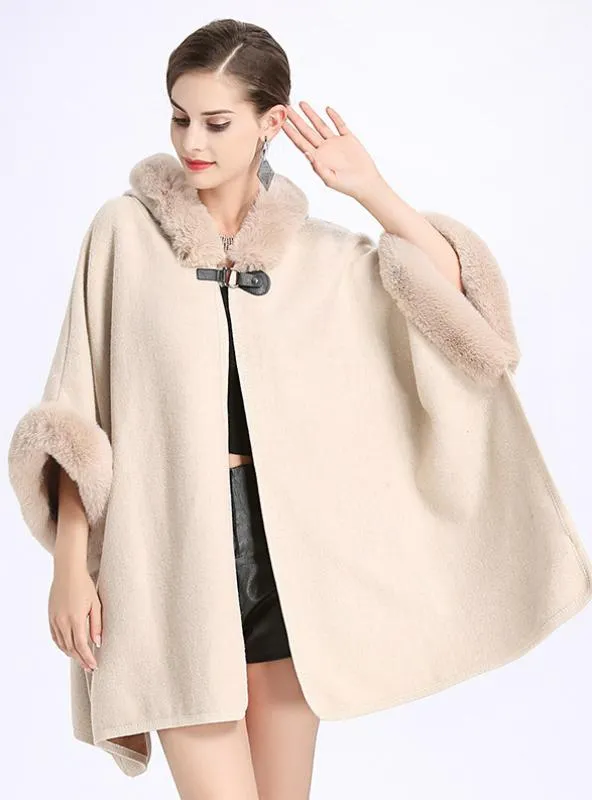 REX RABBIT FUR LIKE HOODED DOUBLE-SIDED SHAWL CAPE