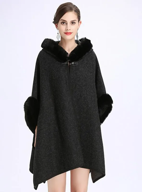 REX RABBIT FUR LIKE HOODED DOUBLE-SIDED SHAWL CAPE