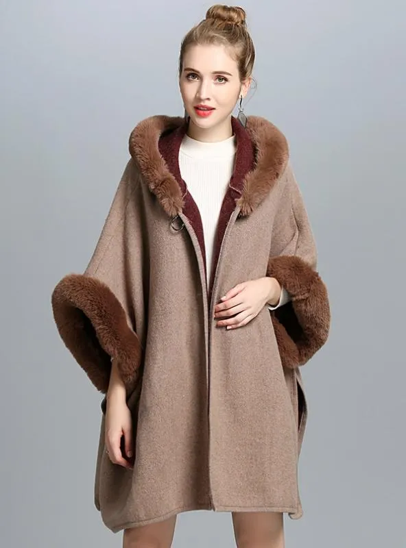 REX RABBIT FUR LIKE HOODED DOUBLE-SIDED SHAWL CAPE