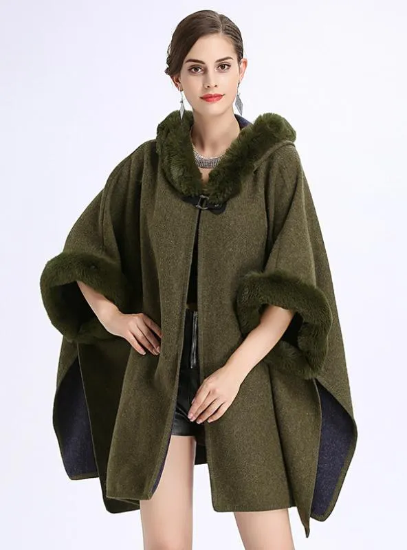 REX RABBIT FUR LIKE HOODED DOUBLE-SIDED SHAWL CAPE