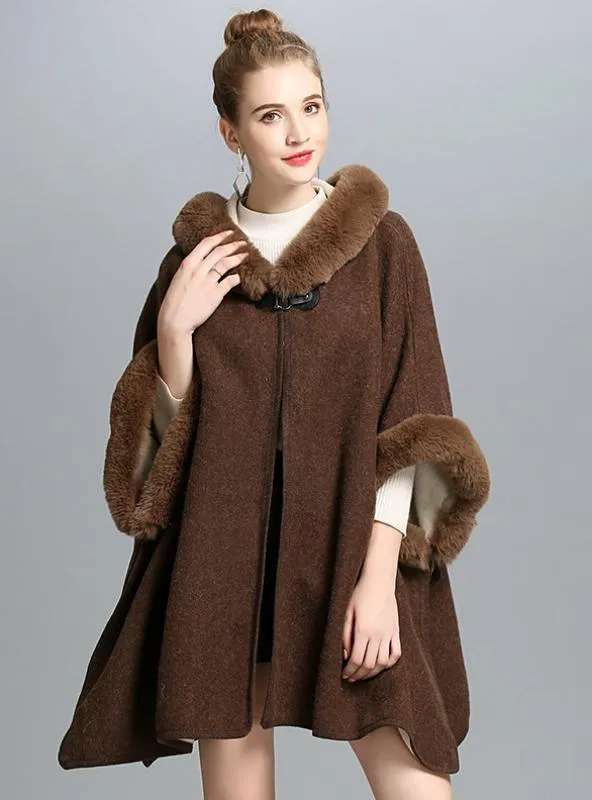 REX RABBIT FUR LIKE HOODED DOUBLE-SIDED SHAWL CAPE