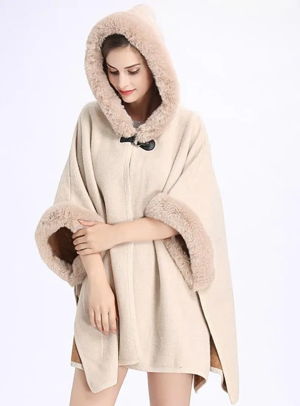 REX RABBIT FUR LIKE HOODED DOUBLE-SIDED SHAWL CAPE