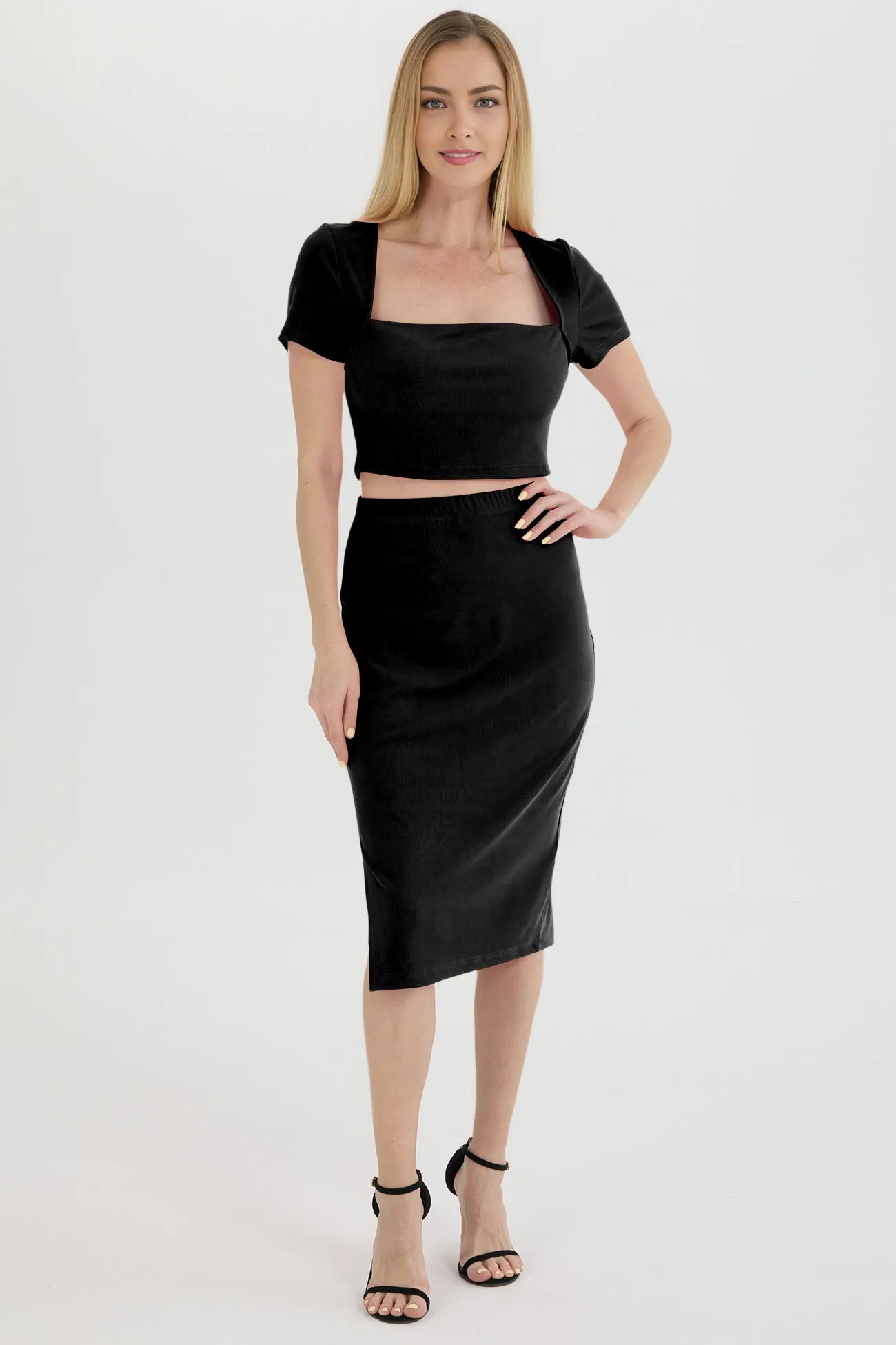 Ribbed Square Neck Crop Top Slit Skirt Suits