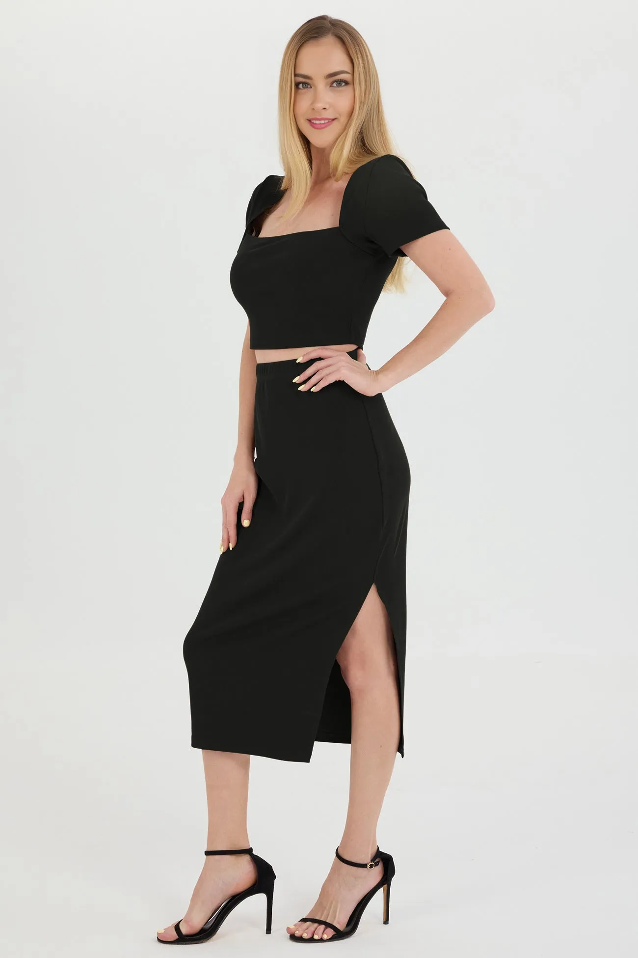 Ribbed Square Neck Crop Top Slit Skirt Suits