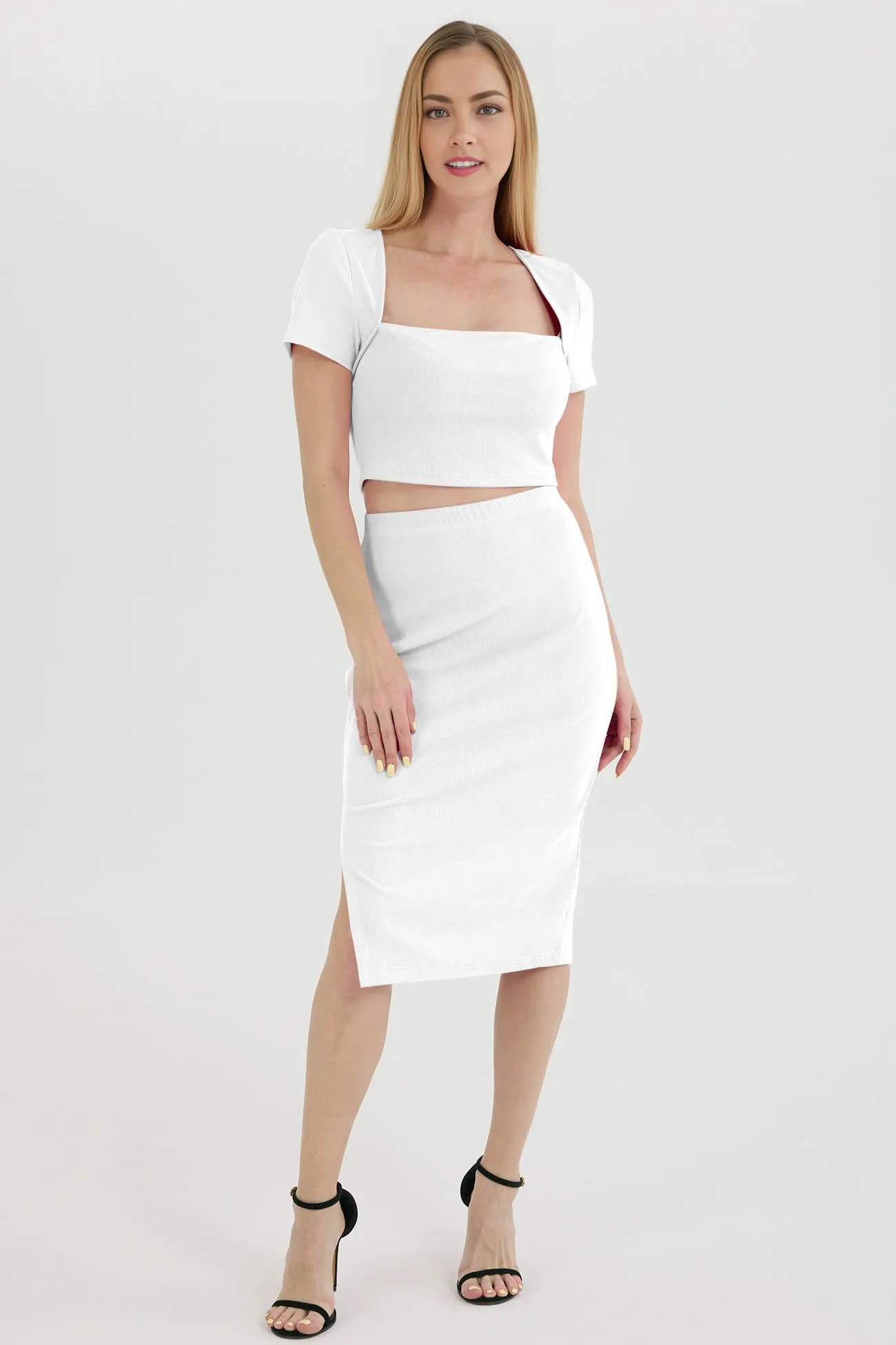 Ribbed Square Neck Crop Top Slit Skirt Suits