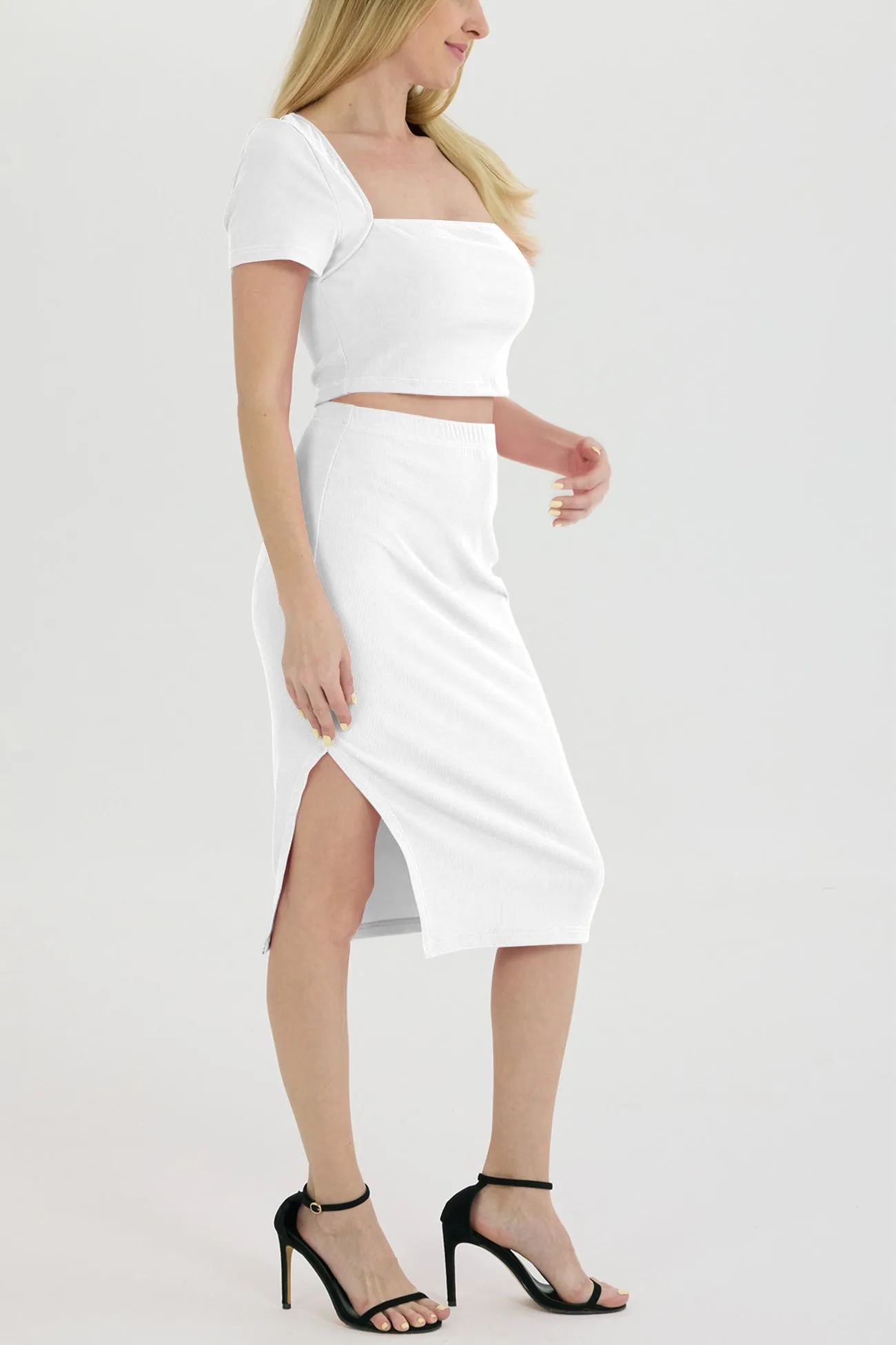 Ribbed Square Neck Crop Top Slit Skirt Suits