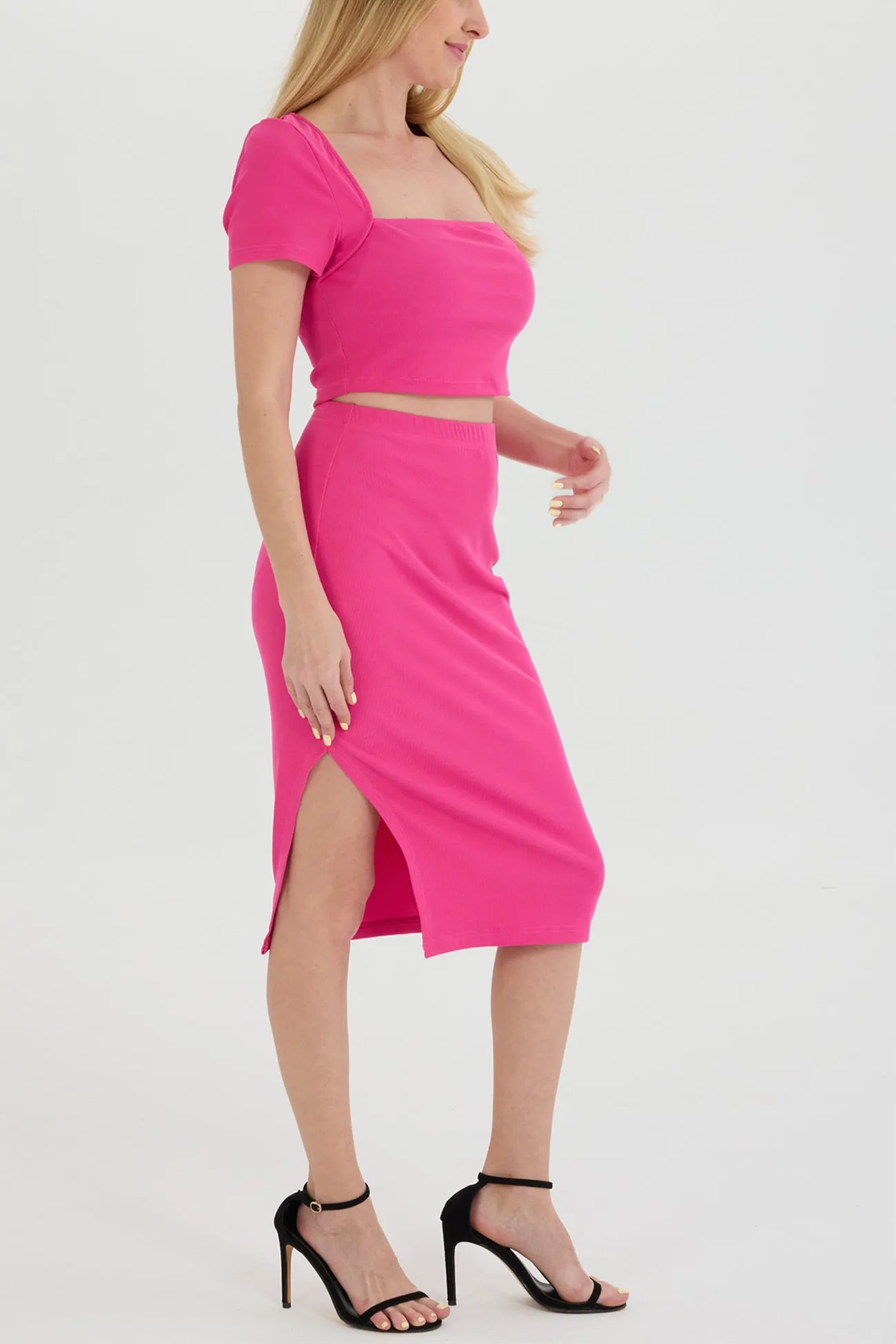 Ribbed Square Neck Crop Top Slit Skirt Suits