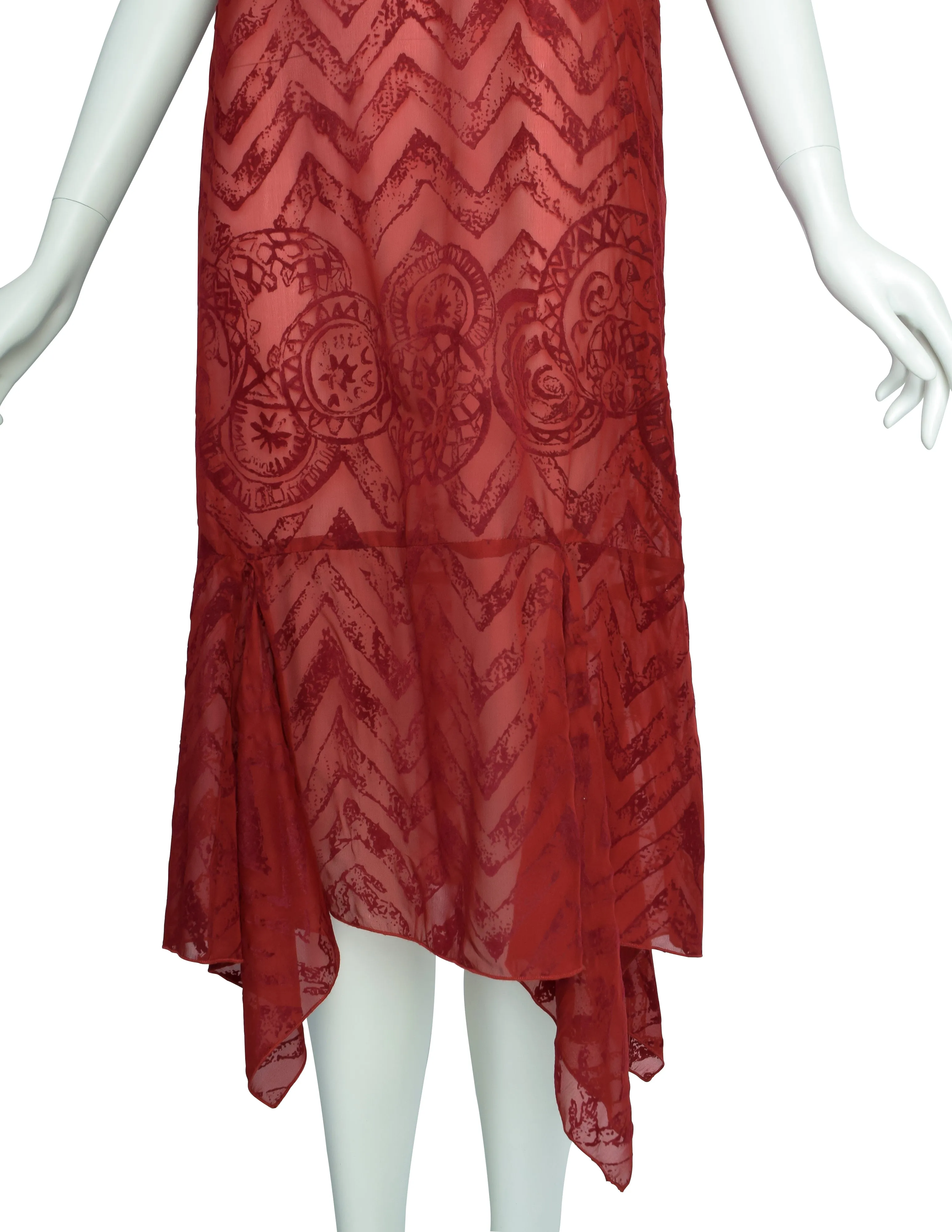 Romeo Gigli Vintage AW 1997 Burgundy Velvet Burnout Sheer Silk Chiffon Dress