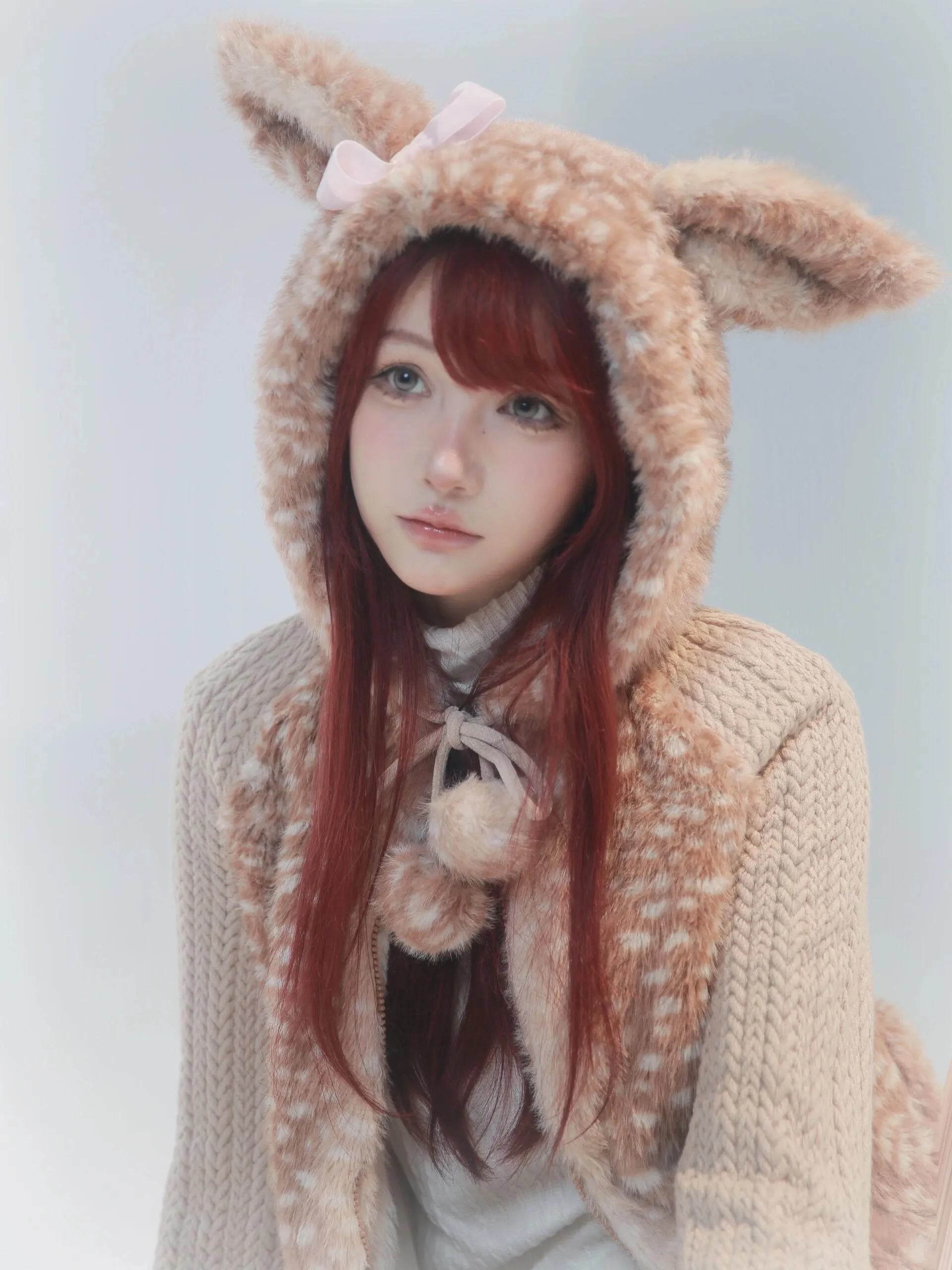 [Rose Island] Fairy Spirit Deer In Flower Field Faux Fur Hoodie with Zipper