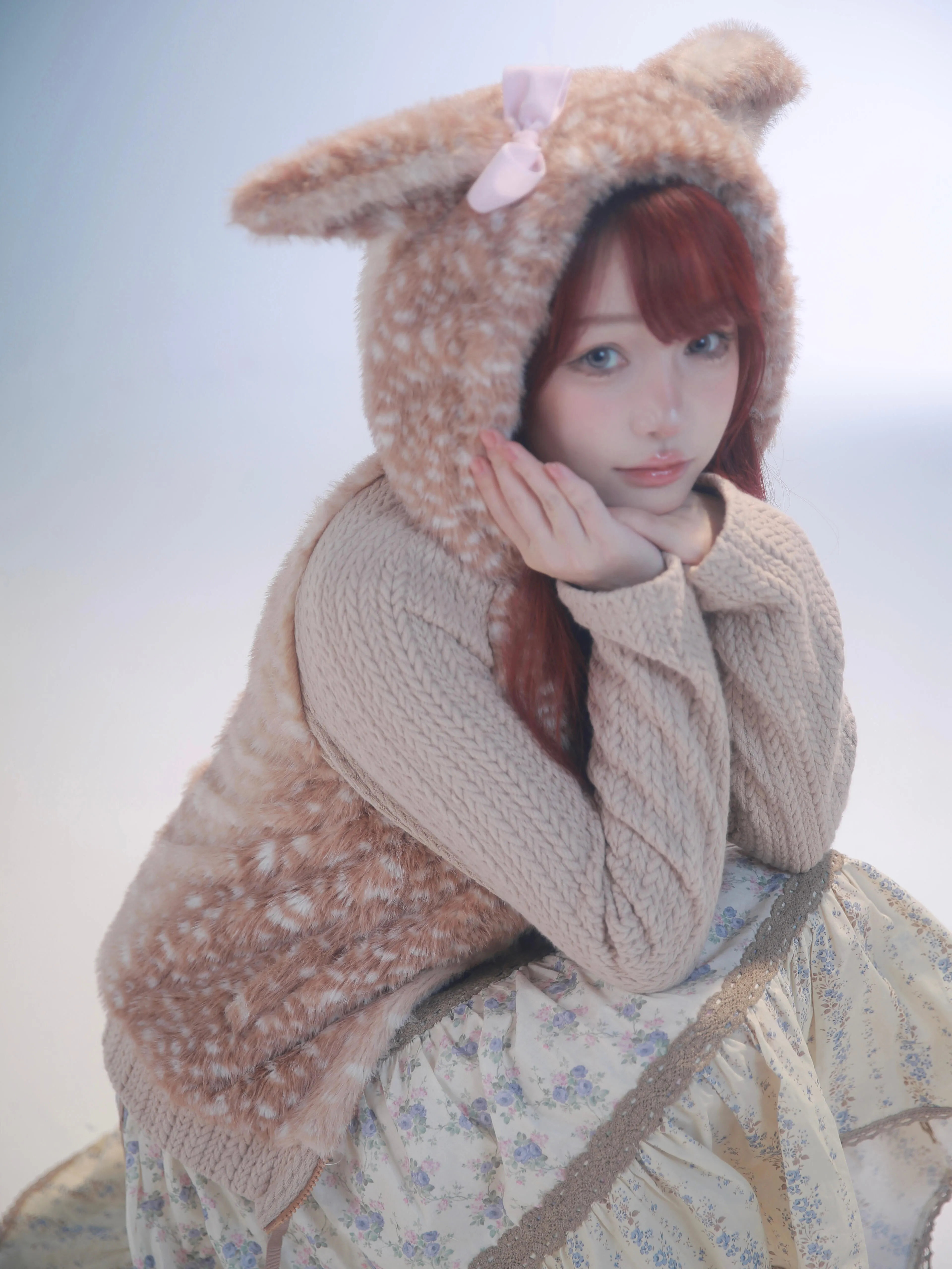 [Rose Island] Fairy Spirit Deer In Flower Field Faux Fur Hoodie with Zipper