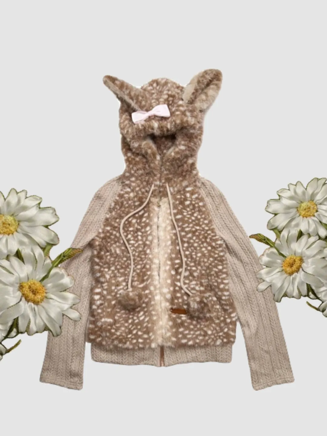 [Rose Island] Fairy Spirit Deer In Flower Field Faux Fur Hoodie with Zipper