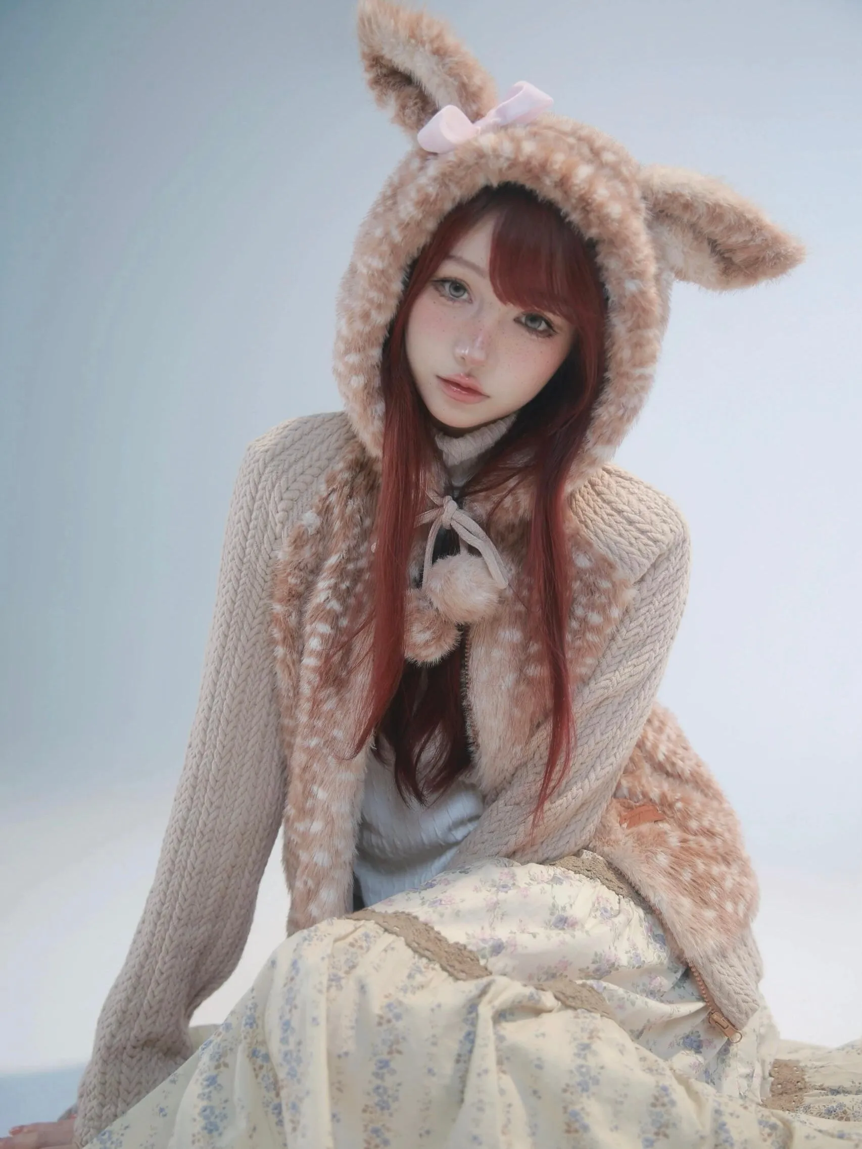 [Rose Island] Fairy Spirit Deer In Flower Field Faux Fur Hoodie with Zipper