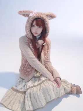 [Rose Island] Fairy Spirit Deer In Flower Field Faux Fur Hoodie with Zipper