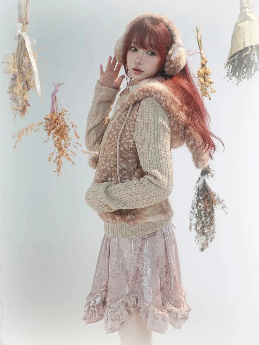 [Rose Island] Fairy Spirit Deer In Flower Field Faux Fur Hoodie with Zipper