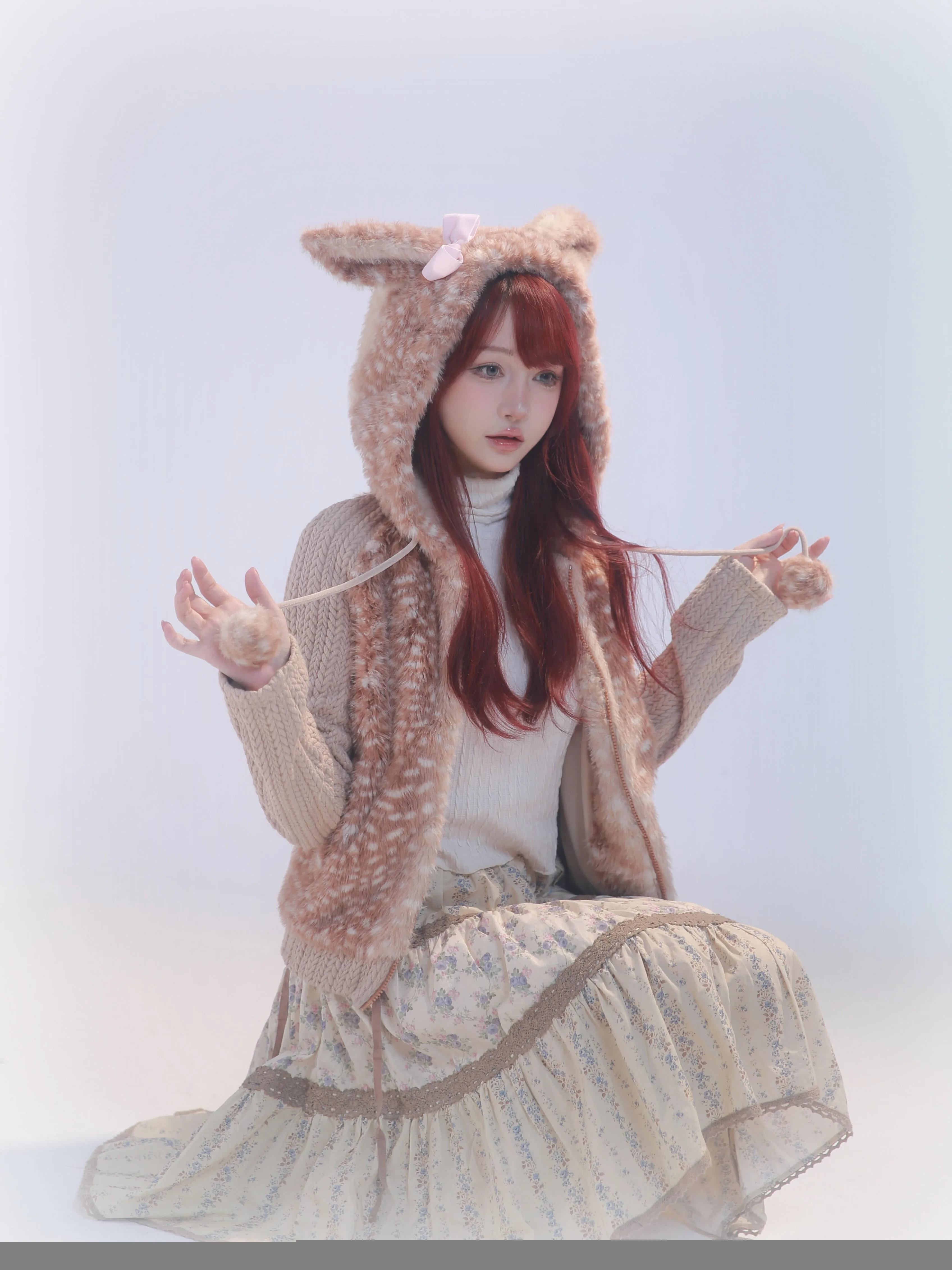 [Rose Island] Fairy Spirit Deer In Flower Field Faux Fur Hoodie with Zipper